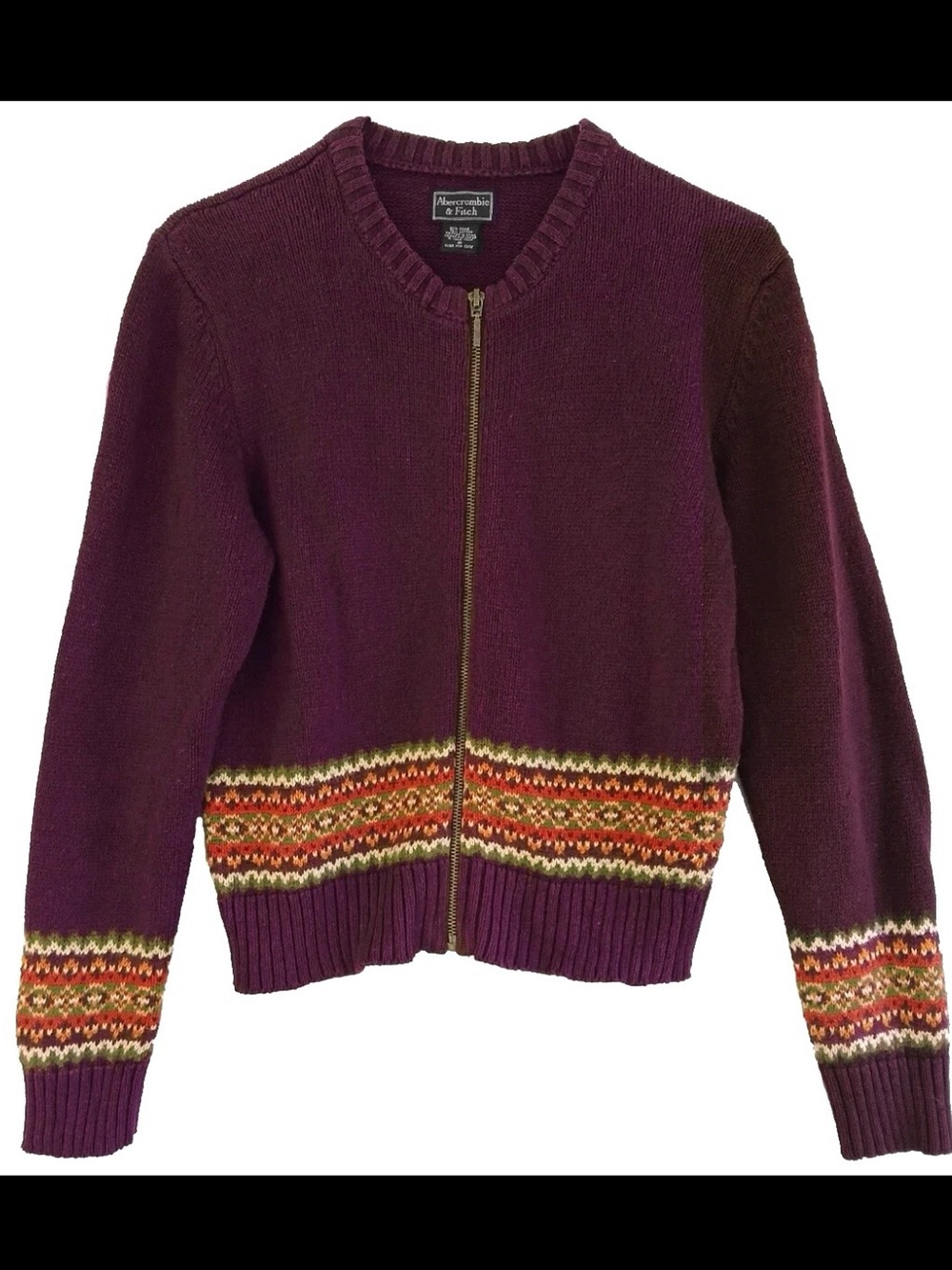 VTG Abercrombie Fitch Size M Burgundy Olive Fair Isle Ramie Cotton Zip Cardigan